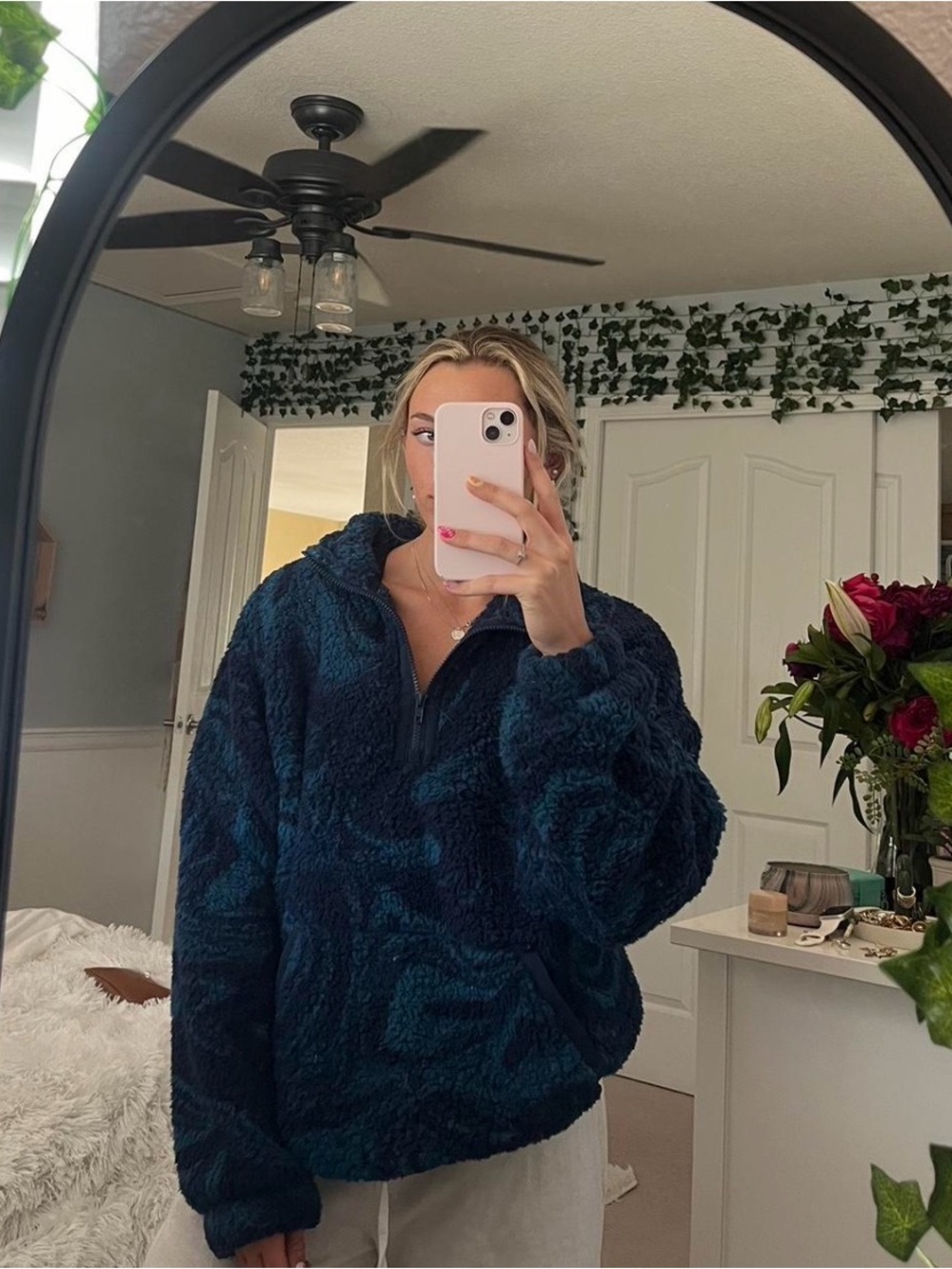 SO Plush Half-Zip Teddy Jacket in Deep Teal and Navy